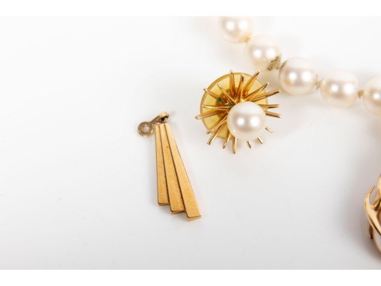 Art Deco 18K Gold Earrings & Teardrop Pearl Pendant