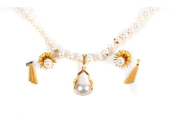 Art Deco 18K Gold Earrings & Teardrop Pearl Pendant