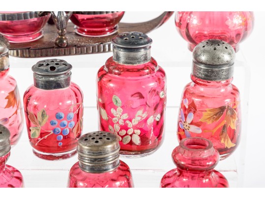 Floral Decorated Cranberry Glass Salt And Pepper Shakers