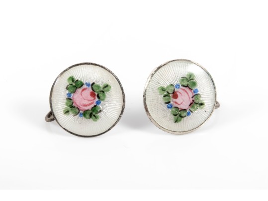 Vintage Sterling Silver Guilloche Enameled Floral Jewelry
