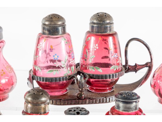Floral Decorated Cranberry Glass Salt And Pepper Shakers