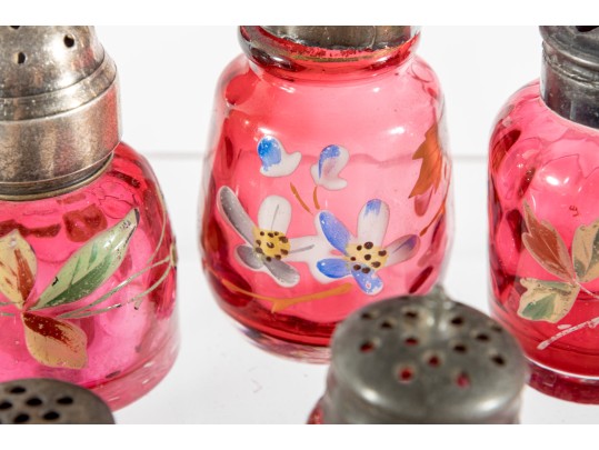 Floral Decorated Cranberry Glass Salt And Pepper Shakers