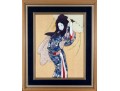 Vintage Japanese Oshie Geisha Art In Navy Brocade Kimono