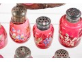 Floral Decorated Cranberry Glass Salt And Pepper Shakers