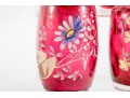 Floral Decorated Cranberry Glass Salt And Pepper Shakers