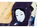 Vintage Japanese Oshie Geisha Art In Navy Brocade Kimono