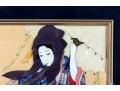 Vintage Japanese Oshie Geisha Art In Navy Brocade Kimono