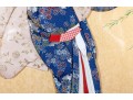 Vintage Japanese Oshie Geisha Art In Navy Brocade Kimono
