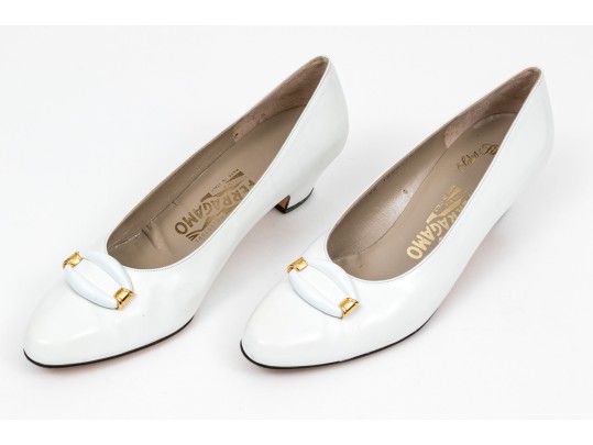 Salvatore Ferragamo Striking White Leather Embellished Pumps, Size 10B