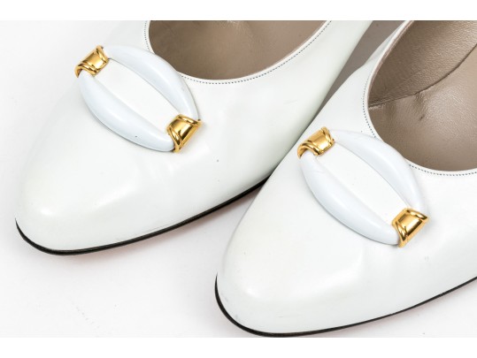 Salvatore Ferragamo Striking White Leather Embellished Pumps, Size 10B