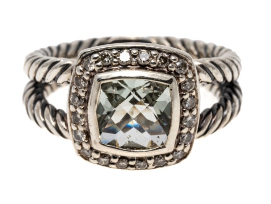 David Yurman Pretty Split Twisted Shank, Aquamarine And Diamond Ring, Size 4.75