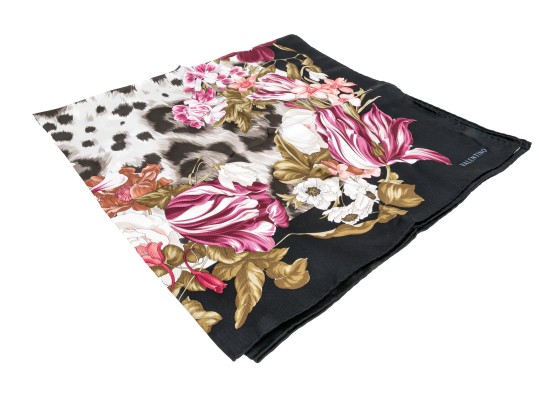 Valentino Vintage Silk Scarf, Black, Pink And Green Tones, Leopard Print And Floral Motifs