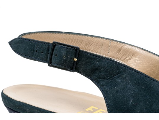 Salvatore Ferragamo Fun Blue Suede And Grosgain Slingback Wedges, Size 10B