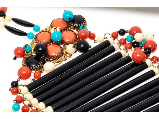 Magnificent Vintage 1970's Acrylic Bib Choker Neck Piece, Black, Coral, Ivory And Turquoise