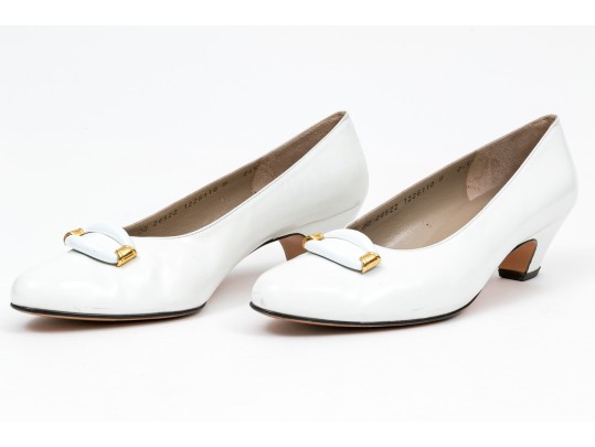 Salvatore Ferragamo Striking White Leather Embellished Pumps, Size 10B