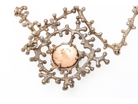 Sterling Silver, Copper And Enamel Brutalist Necklace, With Earrings, Clip On Style