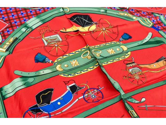 Hermès Paris Striking Vintage Les Voiturs Nouvelles Silk Scarf, By Jacques Eudel