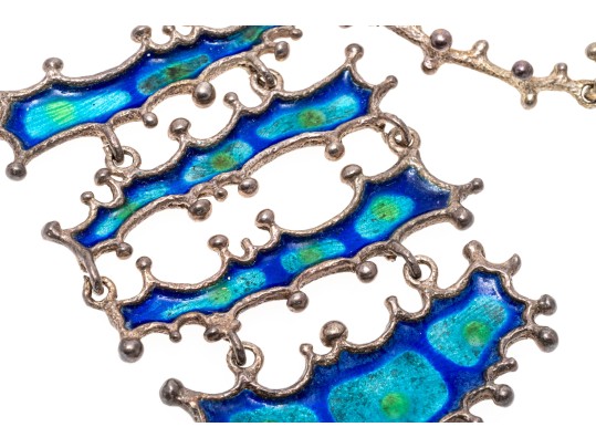 Sterling Silver Blue And Green Enamel Fabulous Brutalist Necklace And Earrings