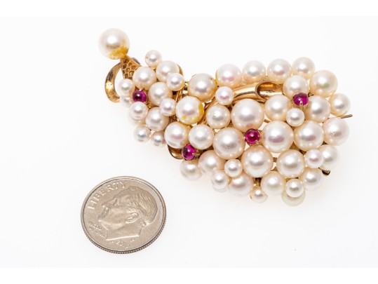 14k Yellow Gold Spectacular Cultured Pearl Cluster Brooch