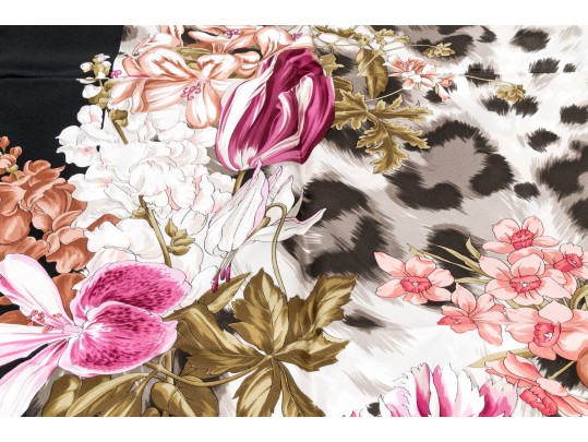 Valentino Vintage Silk Scarf, Black, Pink And Green Tones, Leopard Print And Floral Motifs
