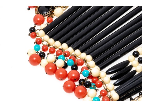 Magnificent Vintage 1970's Acrylic Bib Choker Neck Piece, Black, Coral, Ivory And Turquoise