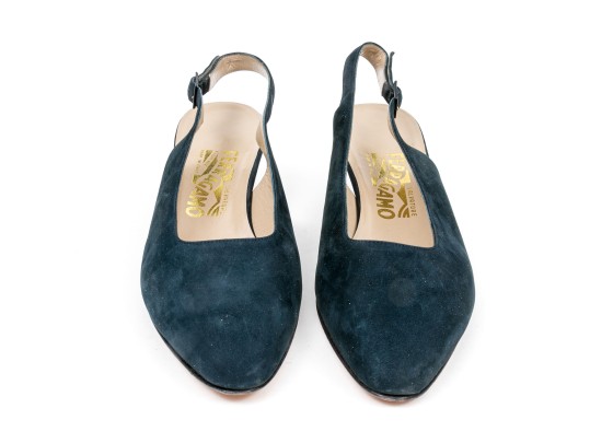 Salvatore Ferragamo Fun Blue Suede And Grosgain Slingback Wedges, Size 10B