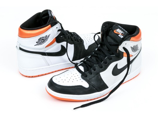 Nike Discernable Leather High Top Air Jordans, Black, White And Orange, Size 11