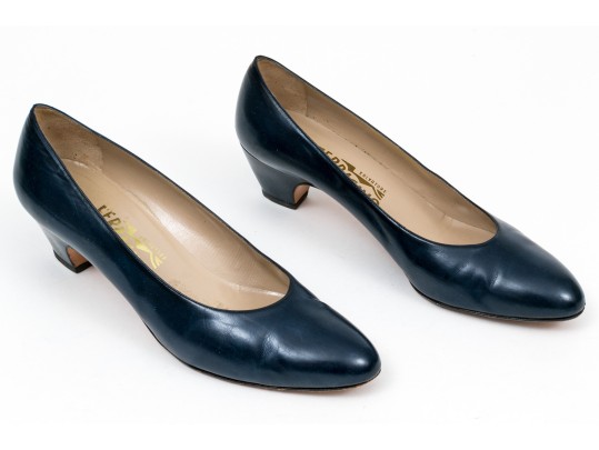 Salvatore Ferragamo Classic Navy Blue Leather Pumps, Size 10B