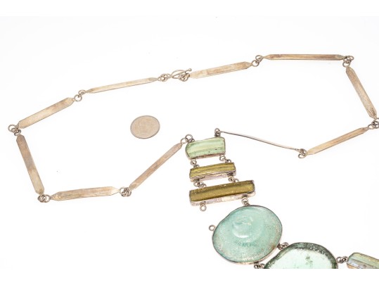 Sterling Silver Magnificent Green Sea Glass Bib Necklace, With Handwrought Chain