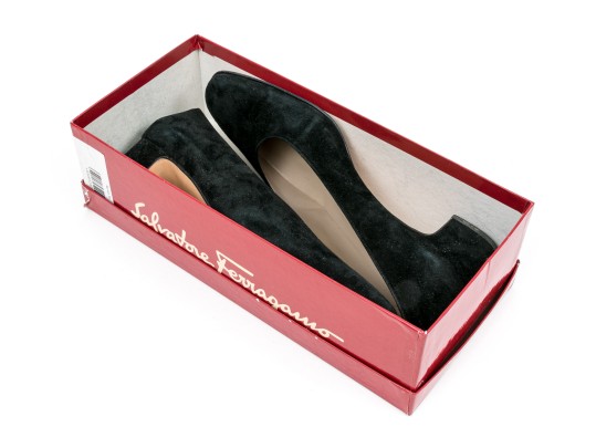 Salvatore Ferragamo Classic Black Suede Pumps, Size 10B