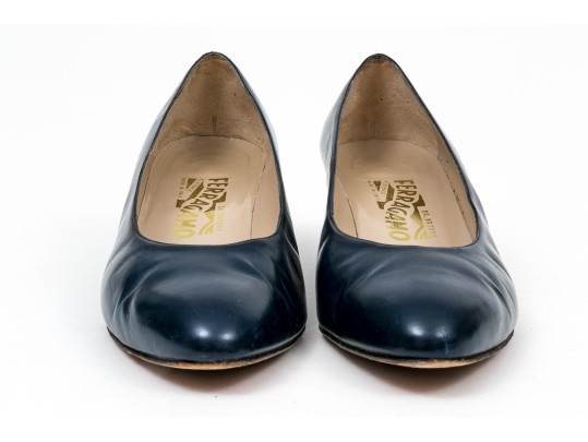 Salvatore Ferragamo Classic Navy Blue Leather Pumps, Size 10B