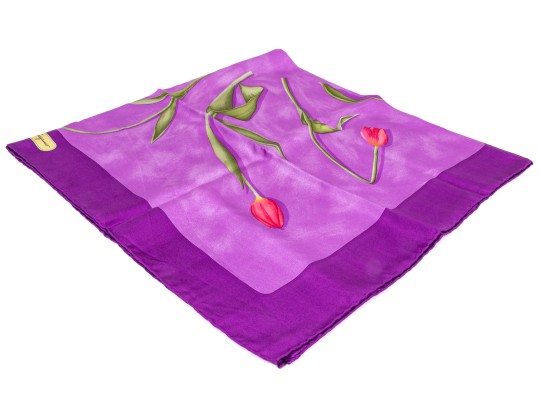 Salvatore Ferragamo Lovely Purple And Green Vintage Silk Tulip Motif Scarf