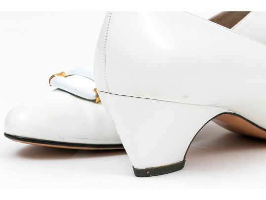Salvatore Ferragamo Striking White Leather Embellished Pumps, Size 10B