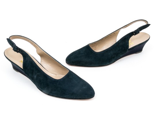 Salvatore Ferragamo Fun Blue Suede And Grosgain Slingback Wedges, Size 10B