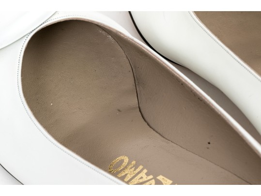 Salvatore Ferragamo Striking White Leather Embellished Pumps, Size 10B
