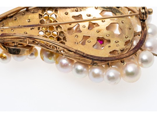 14k Yellow Gold Spectacular Cultured Pearl Cluster Brooch