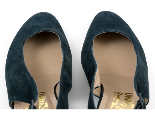 Salvatore Ferragamo Fun Blue Suede And Grosgain Slingback Wedges, Size 10B