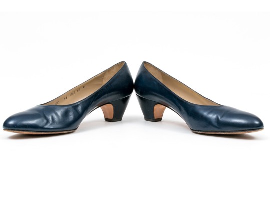 Salvatore Ferragamo Classic Navy Blue Leather Pumps, Size 10B