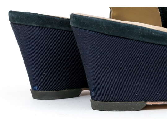 Salvatore Ferragamo Fun Blue Suede And Grosgain Slingback Wedges, Size 10B