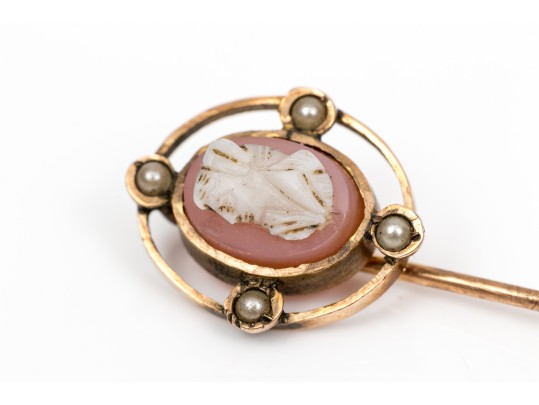 Two 14K Vintage Cameo And Pearl Stick Pins