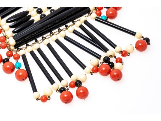 Magnificent Vintage 1970's Acrylic Bib Choker Neck Piece, Black, Coral, Ivory And Turquoise