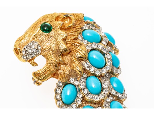 Kenneth Jay Lane Majestic Gold Tone Faux Turquoise And Rhinestone Vintage Lion Brooch