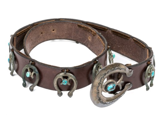 Wonderful Vintage Brown Leather Belt With Southwestern Horseshoe Decorations And Buckle