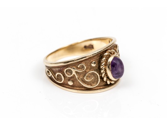 Broad 10K Scrollwork Amethyst Ring, Size 7.75+