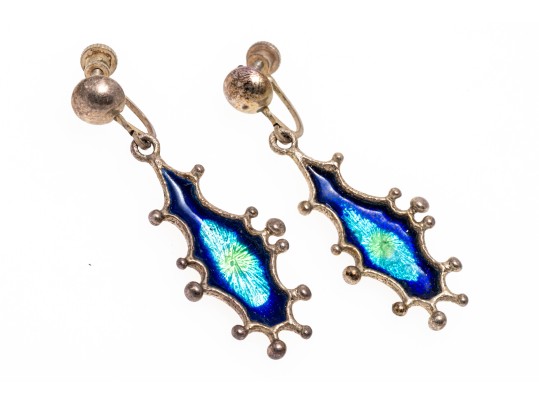 Sterling Silver Blue And Green Enamel Fabulous Brutalist Necklace And Earrings