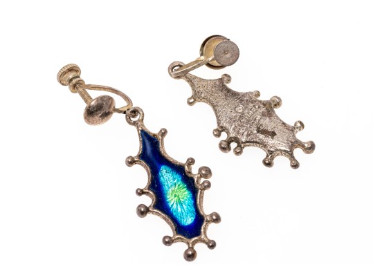 Sterling Silver Blue And Green Enamel Fabulous Brutalist Necklace And Earrings