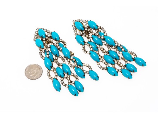 Kenneth Jay Lane Amazing Faux Turquoise And Rhinestone Vintage Waterfall Earrings