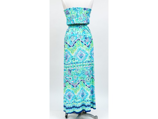 Lilly Pulitzer Cheerful Turquoise And Green Strapless Maxi Dress, Size Small