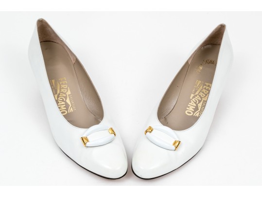 Salvatore Ferragamo Striking White Leather Embellished Pumps, Size 10B