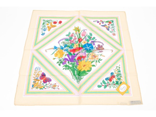 Gucci Vintage New Old Stock Floral Butterfly Cotton Neck Scarf, Ivory, With Packaging